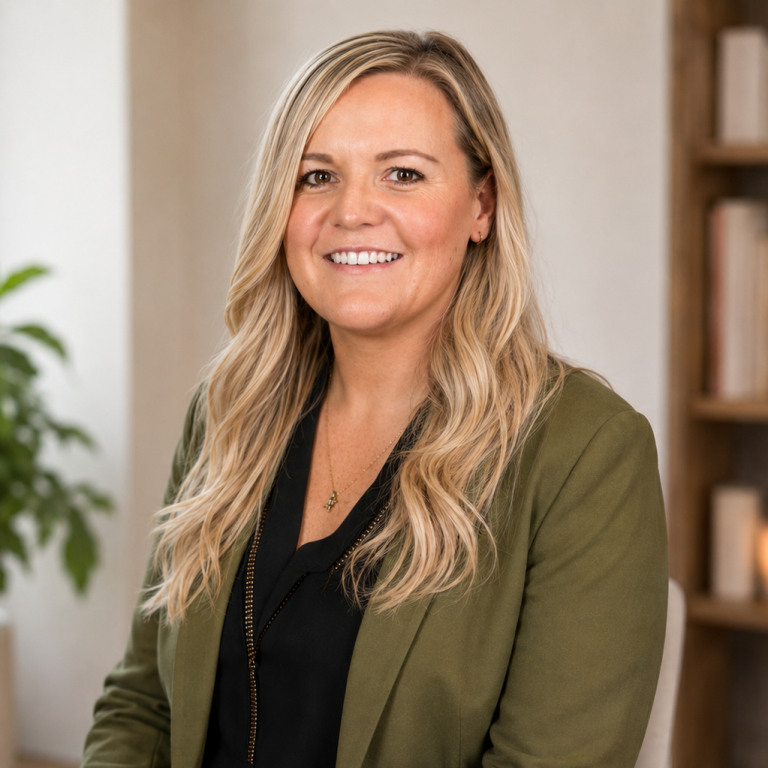 picture of author holly rae wearing a green jacket, black top and has long blonde hair